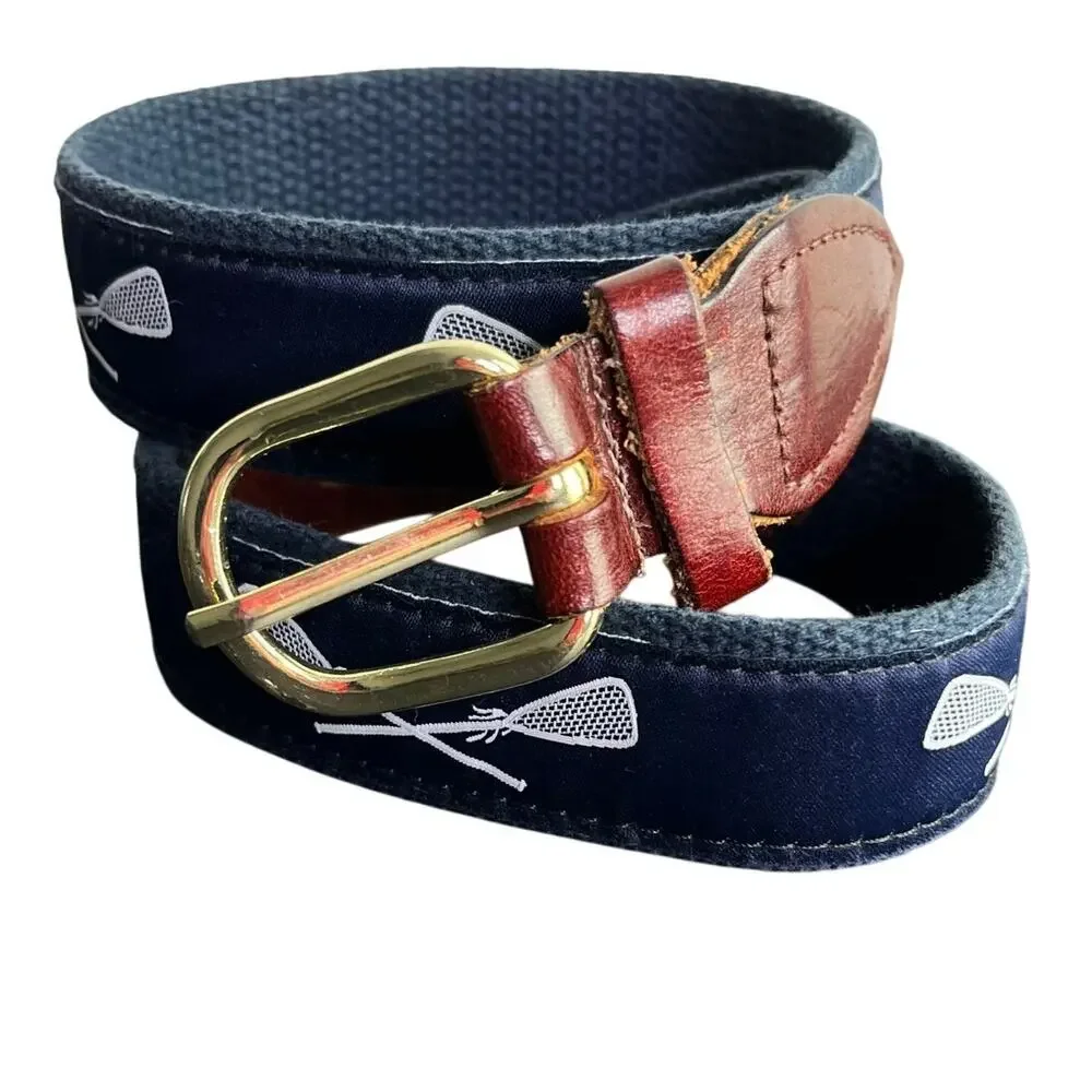 Boys Belt Lacrosse Sticks‎ Brass Buckle 32 Navy Blue Adjustable Leather trim